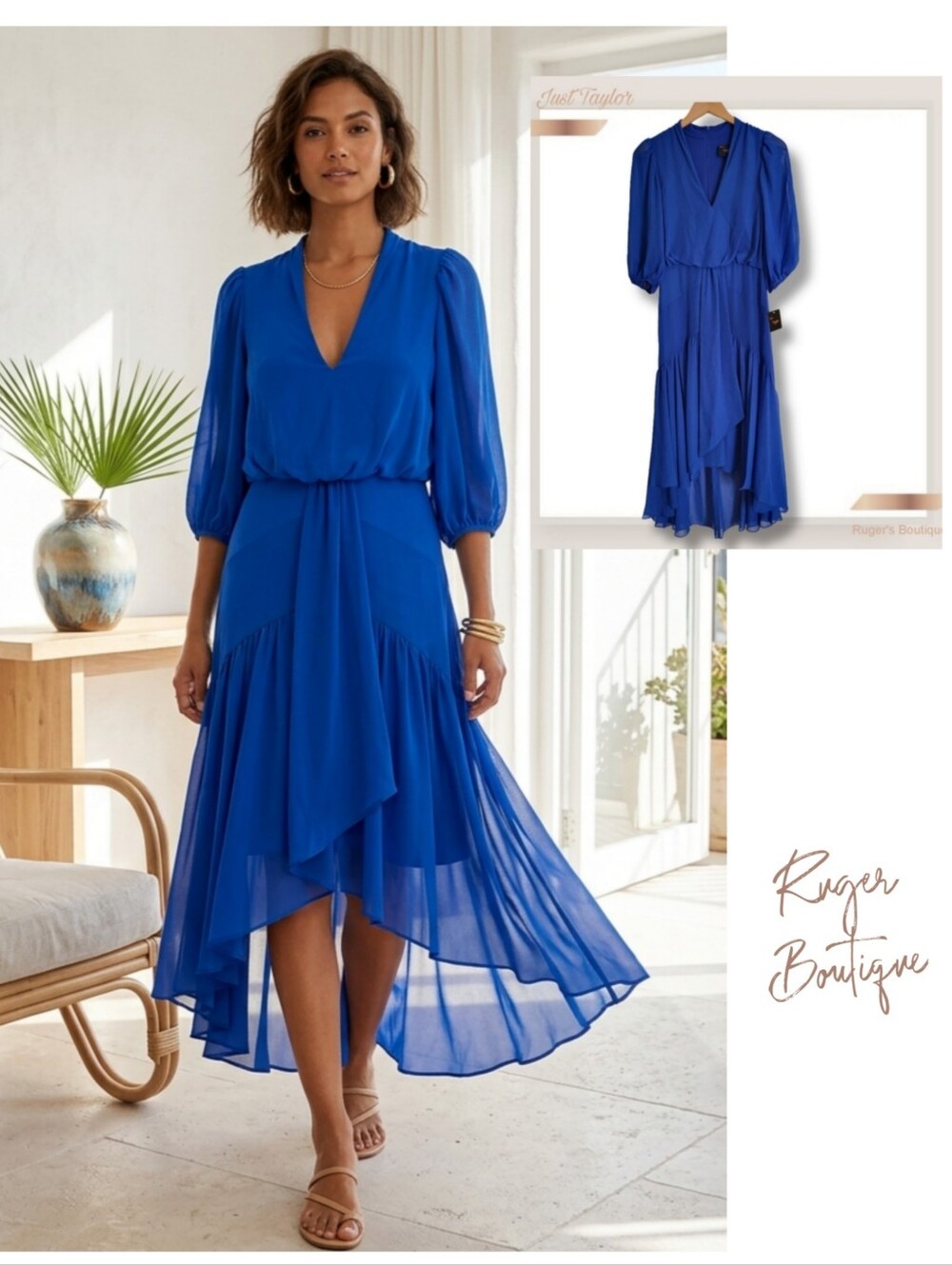 🌿Just Taylor Women's Size 2 High-Low Brilliant Blue Chiffon Midi Dress